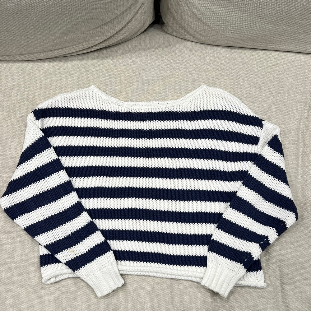 aerie Navy and White Striped Cable Knit Crewneck Sweater
